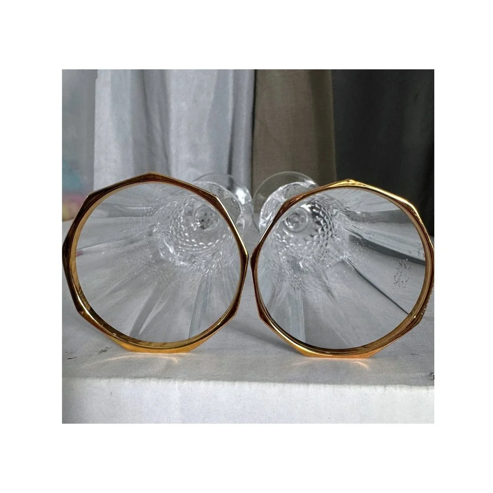 Vintage Gold Rim Octagonal Champagne Flutes Set of 2 Diamond Cut Glass Stemware